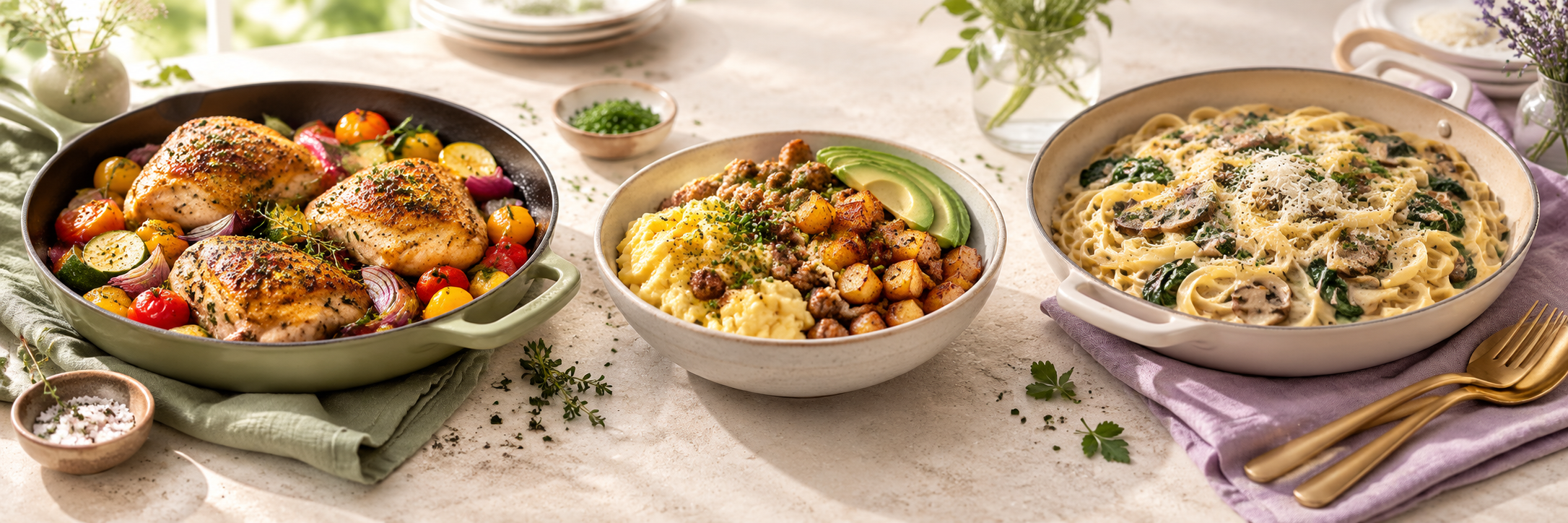 A chicken skillet, breakfast bowl, and creamy one-pan pasta on a bright table